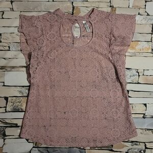 L | PerSeption Concept | Lace Flutter Sleeve Peek-A-Boo Top